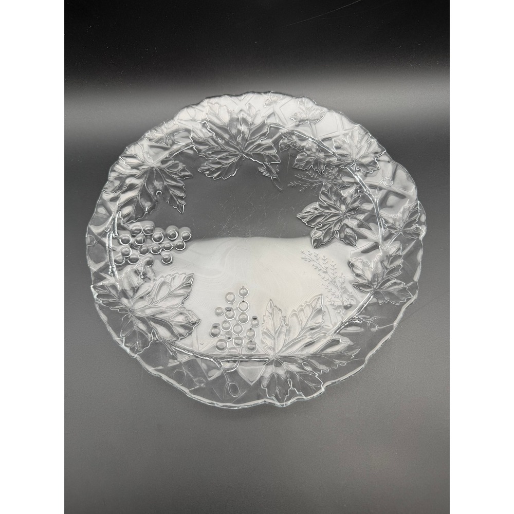 Vintage Clear Pressed Glass Grape and Leaf Serving Platter Scalloped Rim 10.5in
